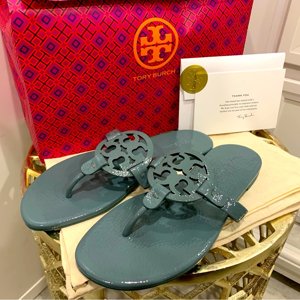 Tory Burch Soft Patent Leather Miller Sandals, Arctic Blue, Sz. 8.5 LIKE-NEW!